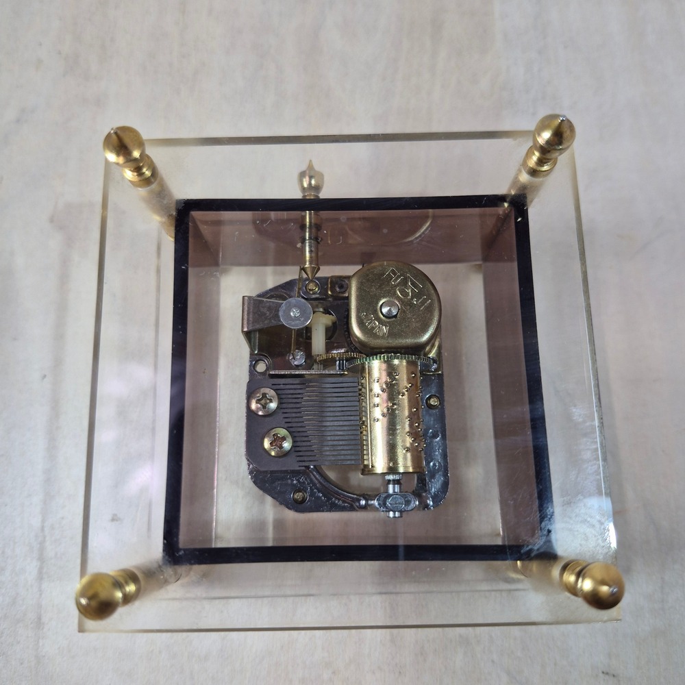 Vintage Fuji Japan Acrylic Music Box Wind Up Clear Smoked Glass Gold Tone Case